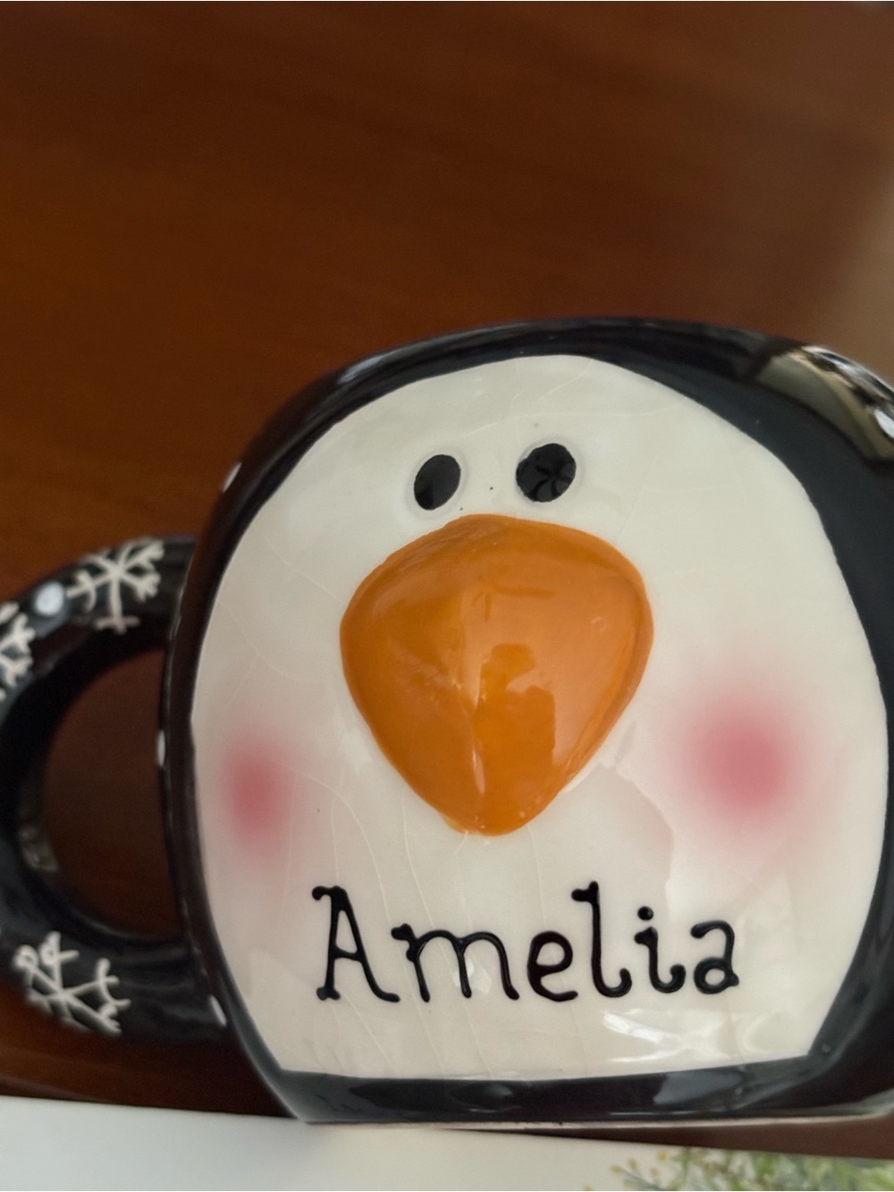 Amelia Personalized Penguin Mug - Black and White with snowflake handle